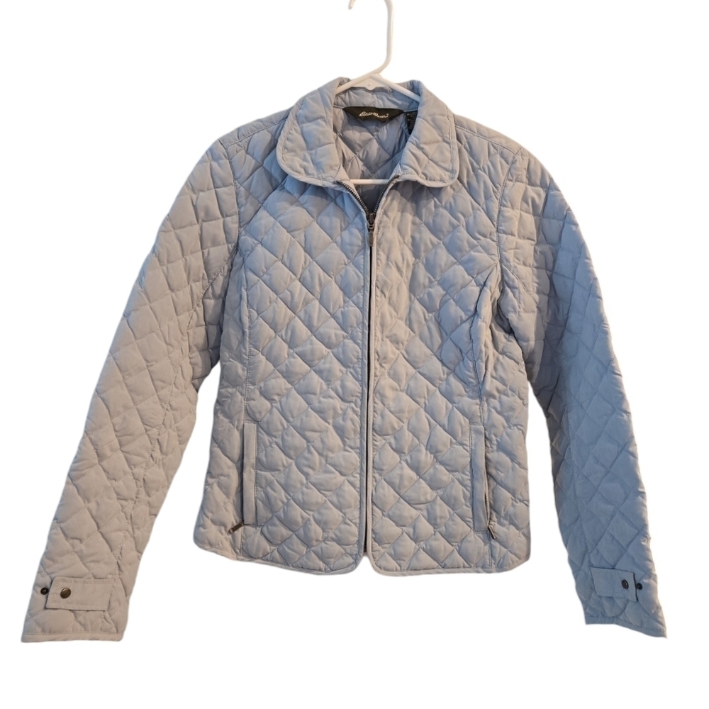 EDDIE BAUER QUILTED DOWN PUFFER JACKET. SIZE MEDIUM. LIGHT BLUE.
